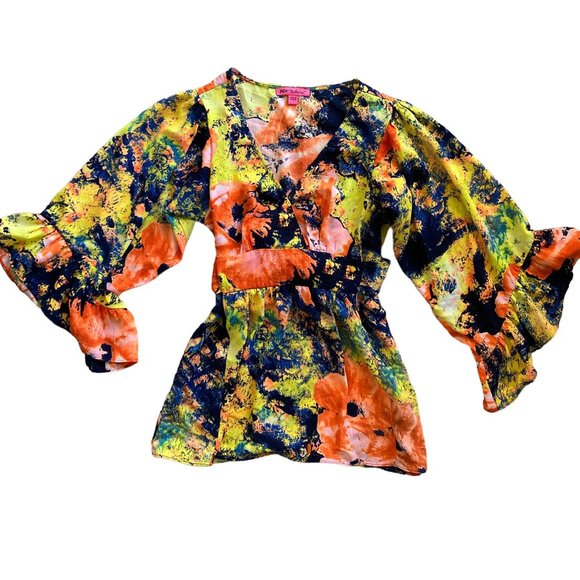 Betsey Johnson Tops - Betsey Johnson ruffled floral bohemian tie around the waist blouse Size S